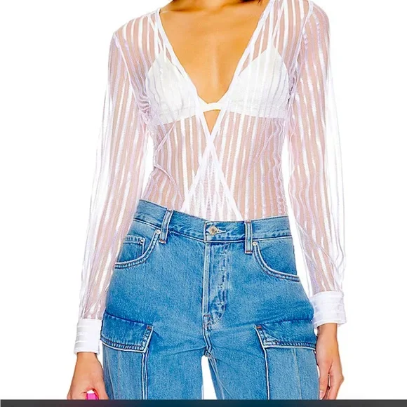 Dila Sheer Stripped Bodysuit in White by Superdown - Picture 2 of 14
